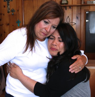 Ana Nicks and opioid survivor Josette Bejarano share a moment while visiting Amanda's Home near Armona.
